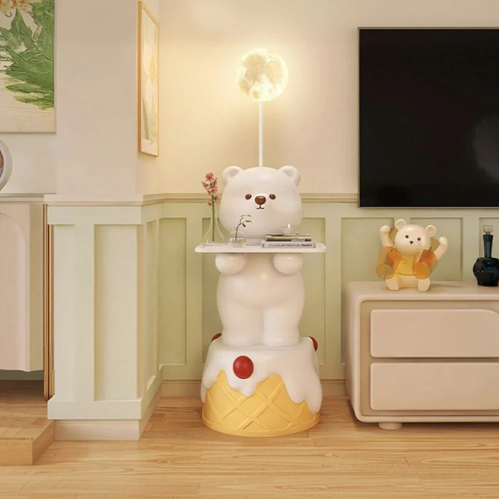 LIVARA Cartoon Design Storage Decorative Base, Stable Material, PVC Soft & Resin - Tray Built-In with Floor Lamp  Bear White