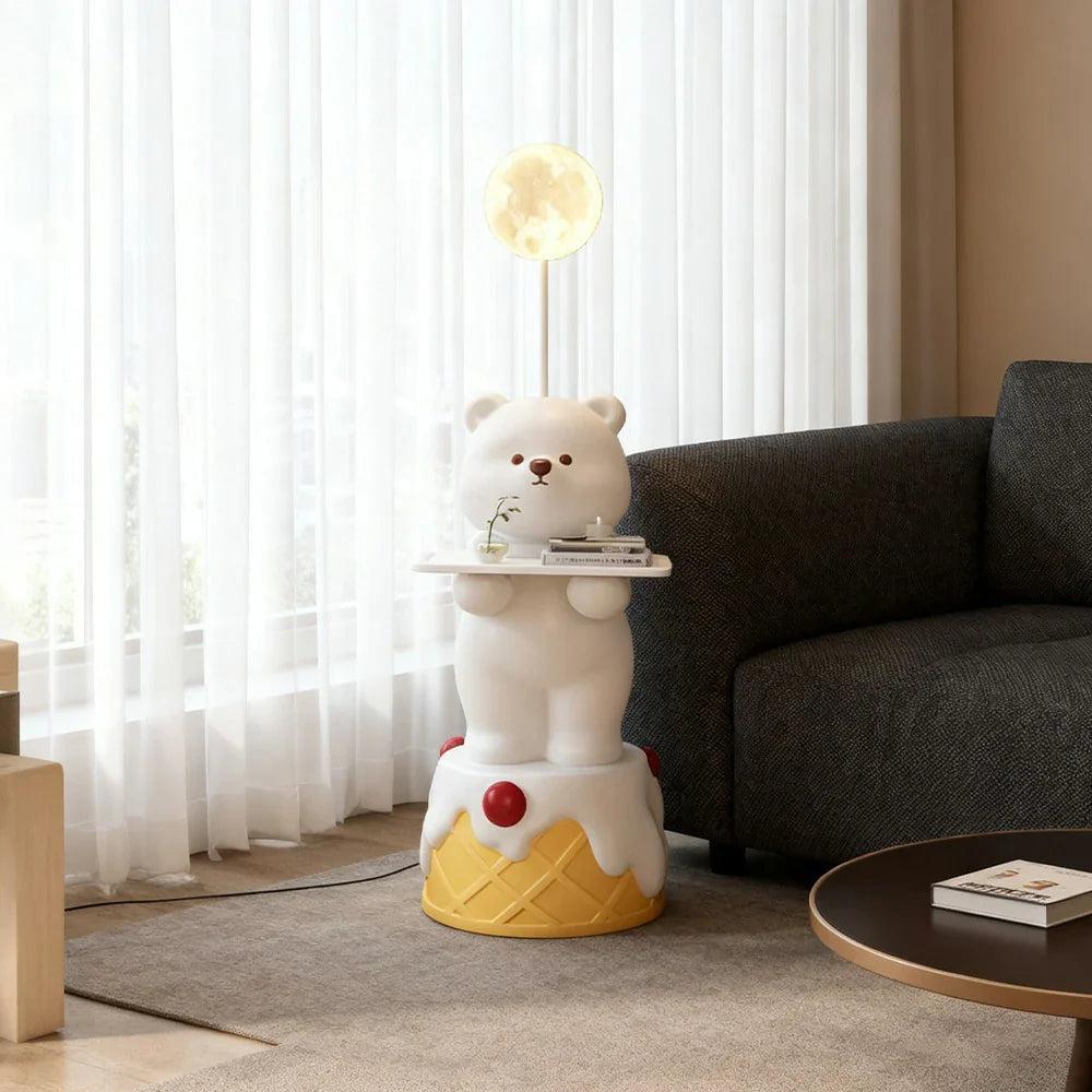 LIVARA Cartoon Design Storage Decorative Base, Stable Material, PVC Soft & Resin - Tray Built-In with Floor Lamp  Bear White