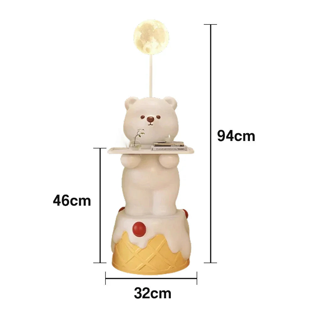 LIVARA Cartoon Design Storage Decorative Base, Stable Material, PVC Soft & Resin - Tray Built-In with Floor Lamp  Bear White