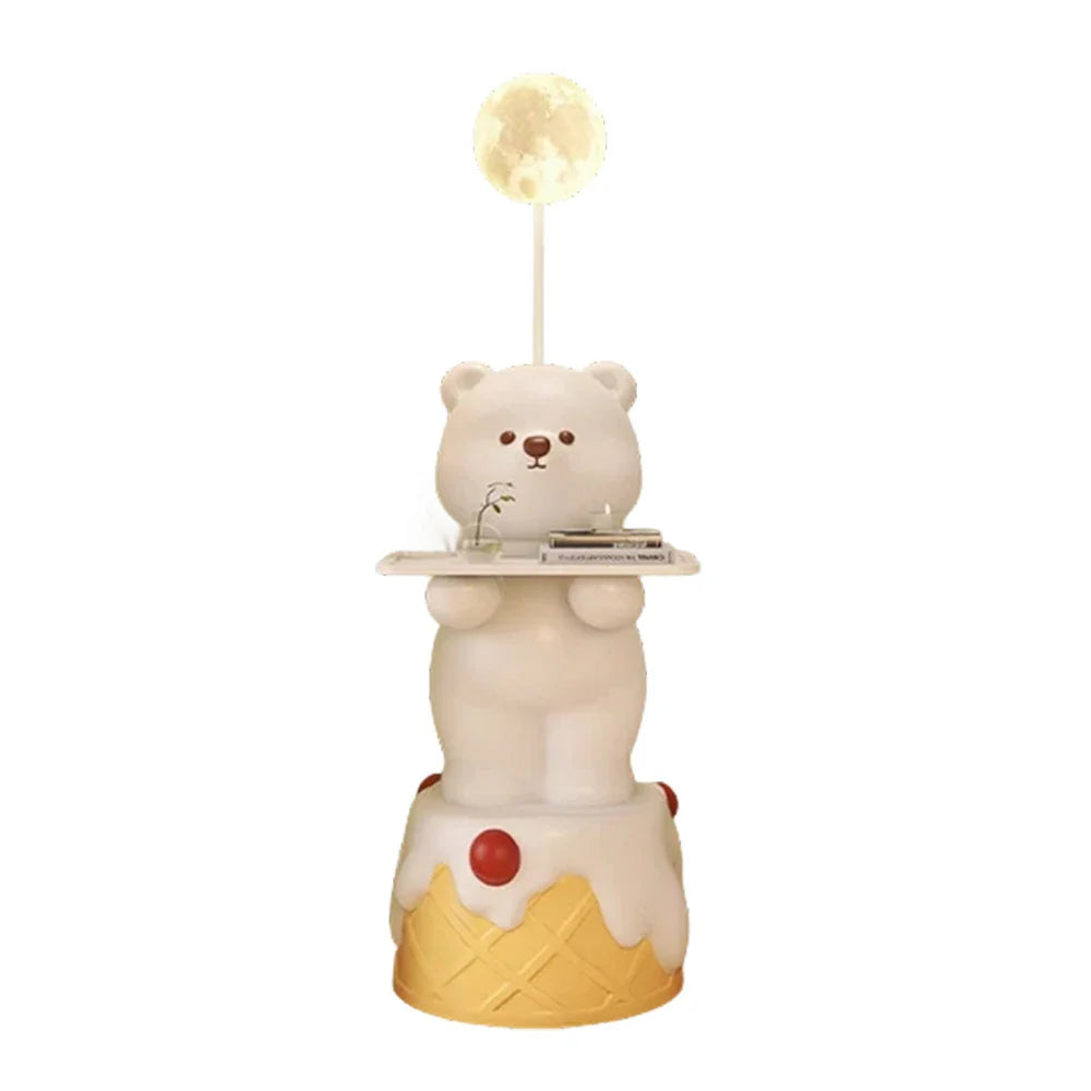 LIVARA Cartoon Design Storage Decorative Base, Stable Material, PVC Soft & Resin - Tray Built-In with Floor Lamp  Bear White