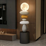 LIVARA Pebble Design Rechargeable USB Body, Wood & Resin Lighting, Three-Colour Control Touch - Lamp Moon 3D Stacked