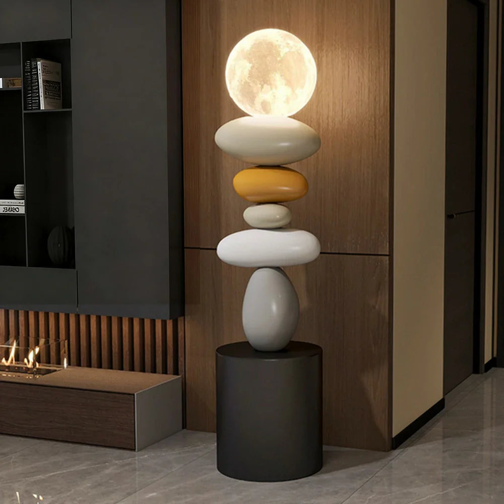 LIVARA Pebble Design Rechargeable USB Body, Wood & Resin Lighting, Three-Colour Control Touch - Lamp Moon 3D Stacked