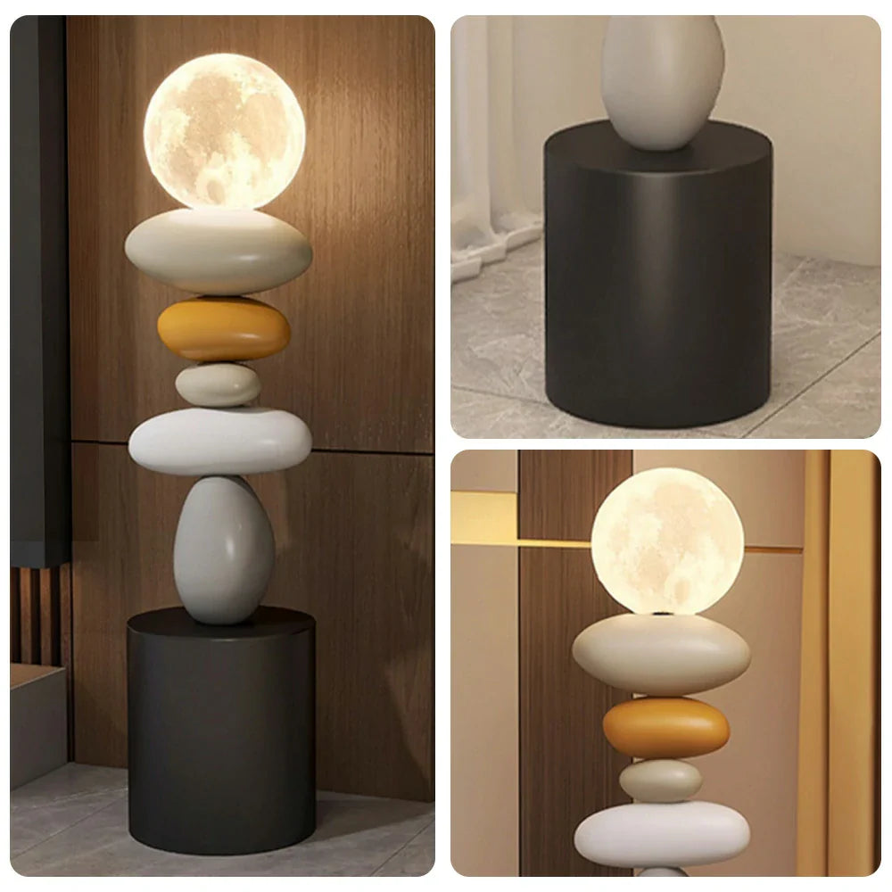 LIVARA Pebble Design Rechargeable USB Body, Wood & Resin Lighting, Three-Colour Control Touch - Lamp Moon 3D Stacked