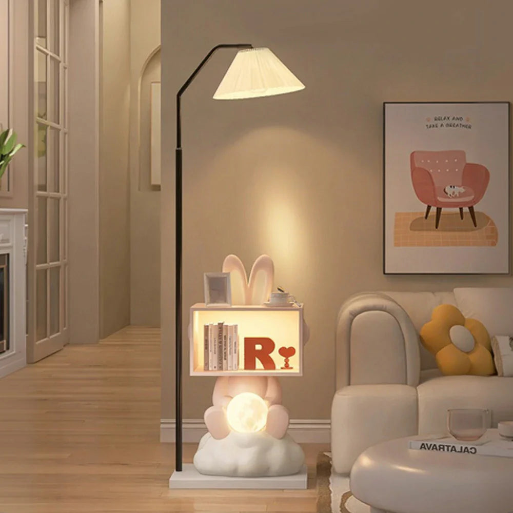 LIVARA Bunny Cabinet, Functional with Resin Side Lamp Decorative Light, LED Table Storage Floor Design, Three-Colour Home Wood Dimmable - Lighting