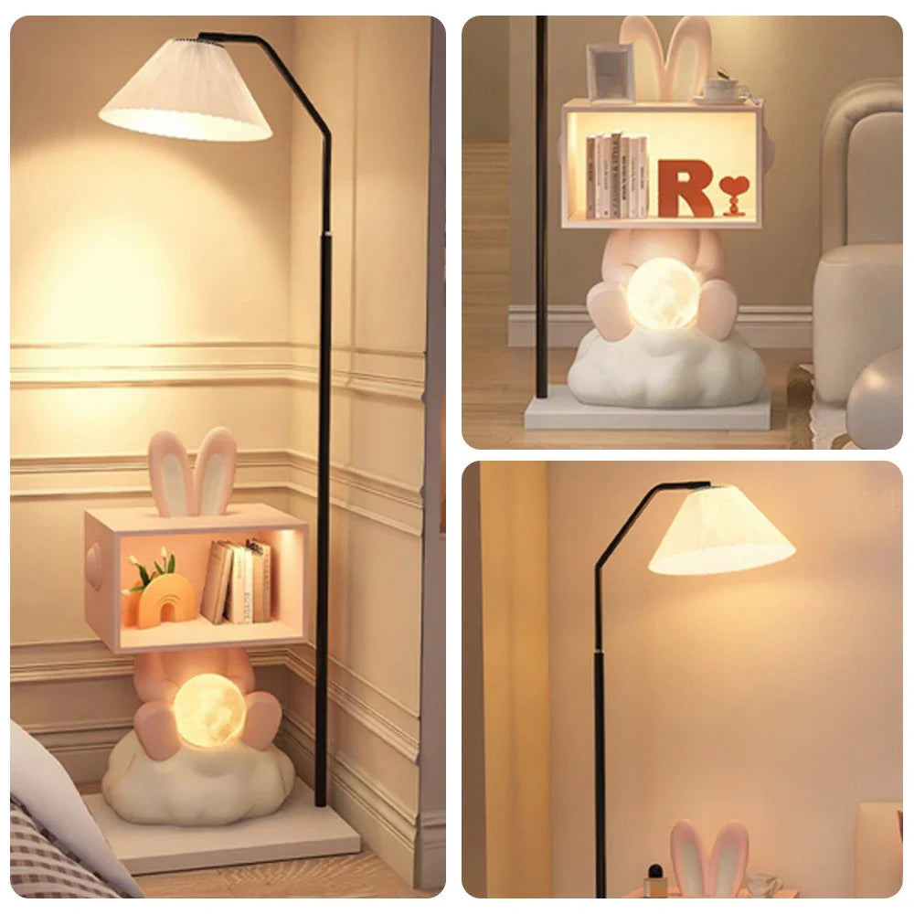LIVARA Bunny Cabinet, Functional with Resin Side Lamp Decorative Light, LED Table Storage Floor Design, Three-Colour Home Wood Dimmable - Lighting