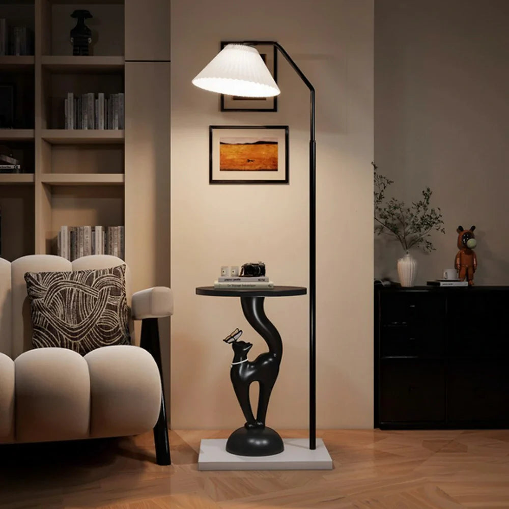 LIVARA Elegant Floor Storage Stable Design, Rounded Lamp Large Tray Surface, Wood - with - Weighted Base Edges, Resin Cat Black
