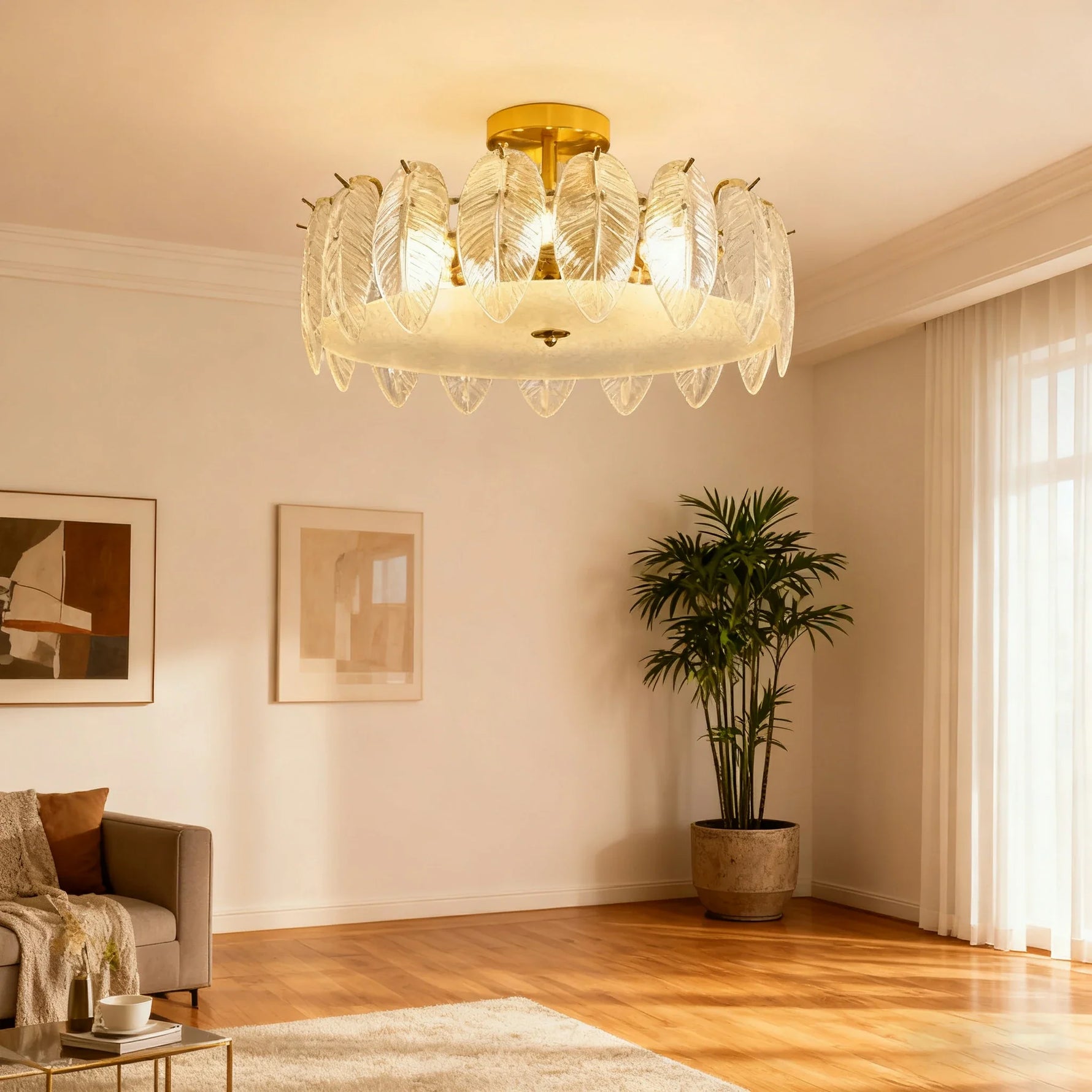 LIVARA 36/48W Feather Design Glass Pendant Light with Three-Color Dimmable LED