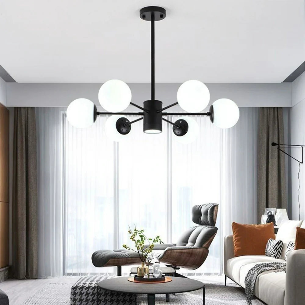 LIVARA 6-Head Lamp Ceiling Elegant - Design Rod Adjustable Chandelier Glass & Iron Modern Bulbs LED Tri-Color 5W with Light Pendant Glass Opal Black