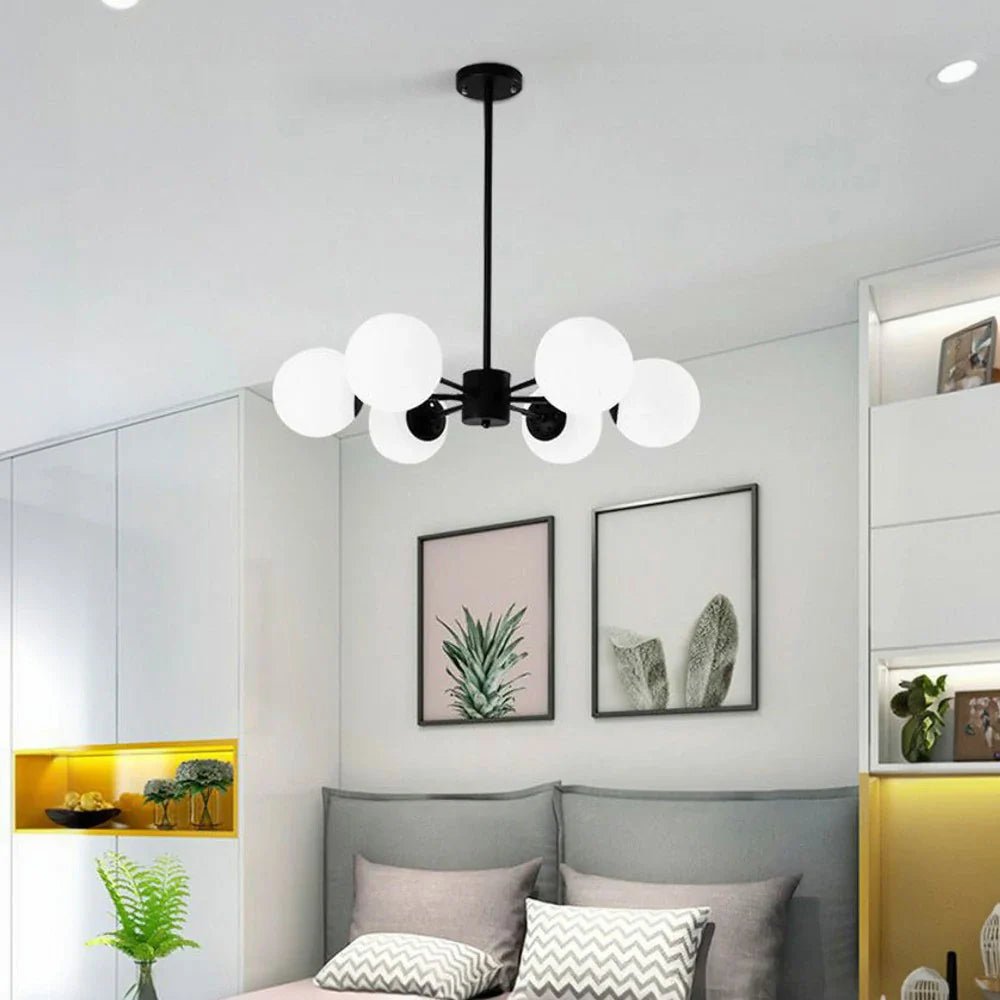 LIVARA 6-Head Lamp Ceiling Elegant - Design Rod Adjustable Chandelier Glass & Iron Modern Bulbs LED Tri-Color 5W with Light Pendant Glass Opal Black