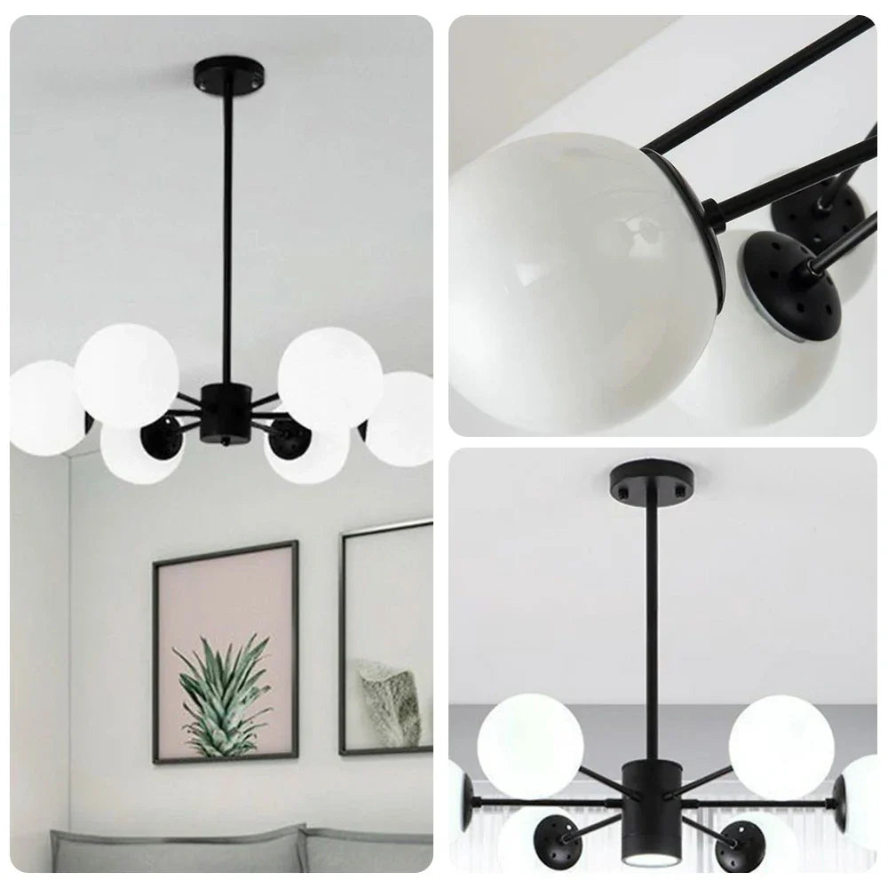LIVARA 6-Head Lamp Ceiling Elegant - Design Rod Adjustable Chandelier Glass & Iron Modern Bulbs LED Tri-Color 5W with Light Pendant Glass Opal Black