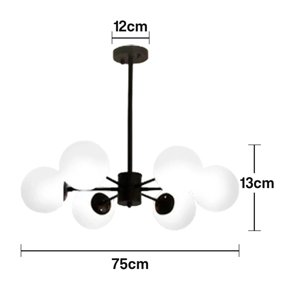 LIVARA 6-Head Lamp Ceiling Elegant - Design Rod Adjustable Chandelier Glass & Iron Modern Bulbs LED Tri-Color 5W with Light Pendant Glass Opal Black
