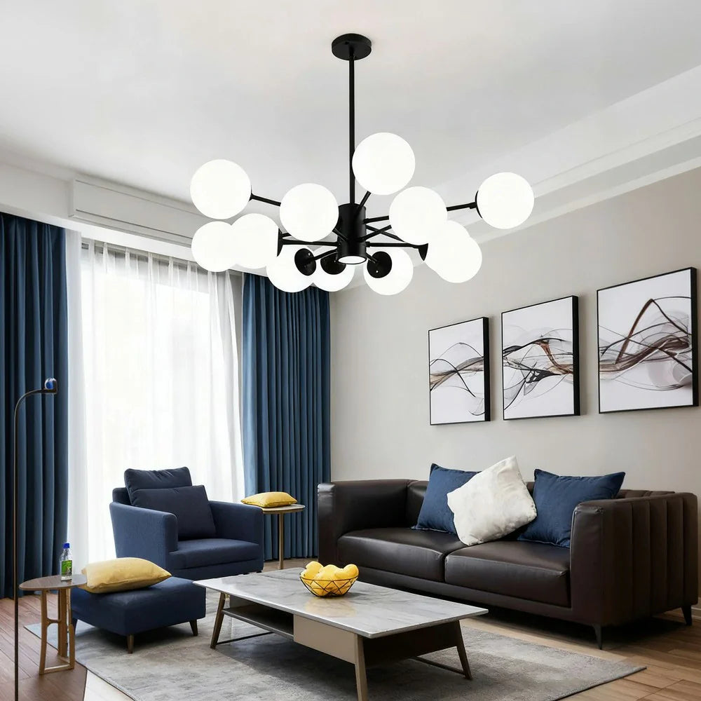 LIVARA 12-Head Room Dining & Living for Design Rod Adjustable Chandelier Glass & Iron Modern Bulbs LED Tri-Color 5W with Light Pendant Glass Opal Black