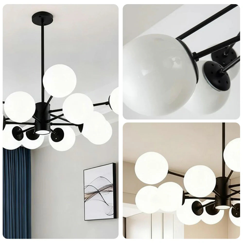 LIVARA 12-Head Room Dining & Living for Design Rod Adjustable Chandelier Glass & Iron Modern Bulbs LED Tri-Color 5W with Light Pendant Glass Opal Black