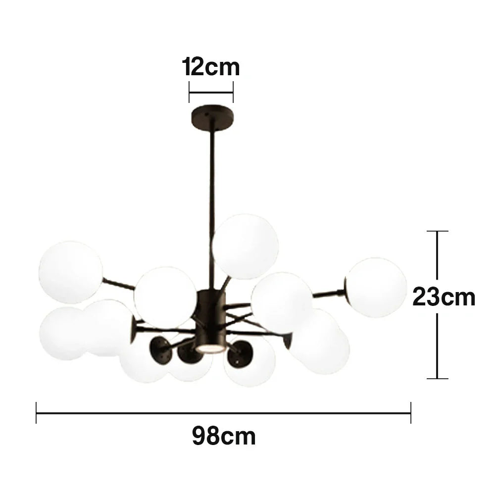 LIVARA 12-Head Room Dining & Living for Design Rod Adjustable Chandelier Glass & Iron Modern Bulbs LED Tri-Color 5W with Light Pendant Glass Opal Black