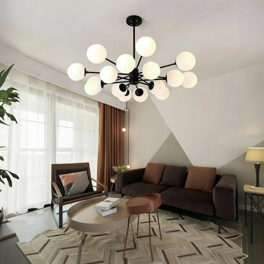 LIVARA 16-Head Room Dining & Living for Design Rod Adjustable Chandelier Glass & Iron Modern Bulbs LED Tri-Color 5W with Light Pendant Glass Opal Black