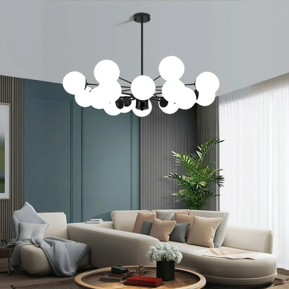 LIVARA 16-Head Room Dining & Living for Design Rod Adjustable Chandelier Glass & Iron Modern Bulbs LED Tri-Color 5W with Light Pendant Glass Opal Black