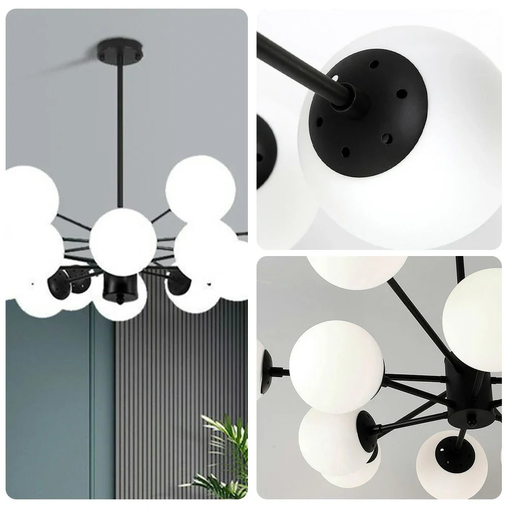LIVARA 16-Head Room Dining & Living for Design Rod Adjustable Chandelier Glass & Iron Modern Bulbs LED Tri-Color 5W with Light Pendant Glass Opal Black