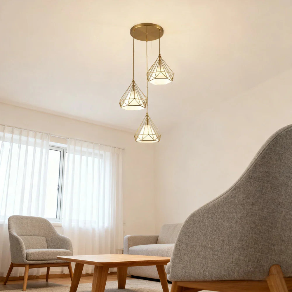 LIVARA 3-Head & Gold - Room Dining & Living for Design Fabric + Iron Modern Lamp Hanging LED Dimmable Three-Color Light Pendant Base Round White