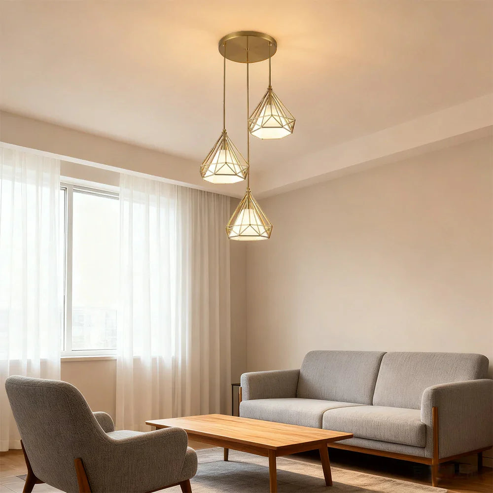 LIVARA 3-Head & Gold - Room Dining & Living for Design Fabric + Iron Modern Lamp Hanging LED Dimmable Three-Color Light Pendant Base Round White