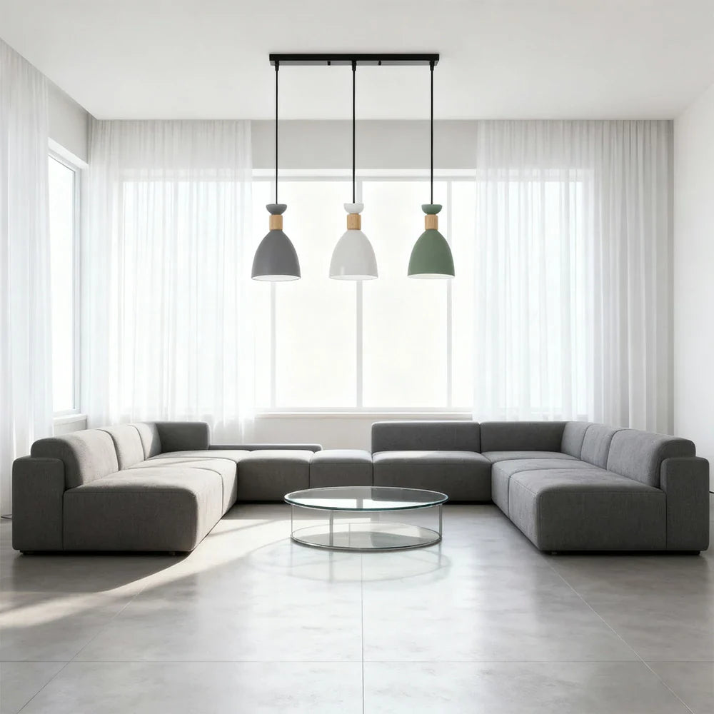 LIVARA 3-Head & Grey - Island Kitchen and Room Dining for Design Wood & Iron Modern Lamp Hanging LED Dimmable Three-Color Light Pendant Linear Green