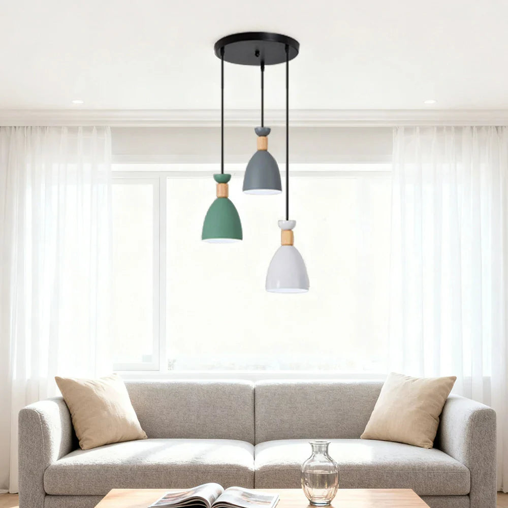 LIVARA 3-Head & Grey - Island Kitchen and Room Dining for Design Wood & Iron Modern Lamp Hanging LED Dimmable Three-Color Light Pendant Base Round Green