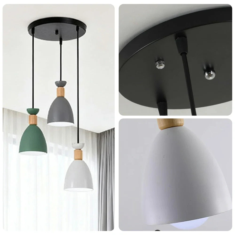 LIVARA 3-Head & Grey - Island Kitchen and Room Dining for Design Wood & Iron Modern Lamp Hanging LED Dimmable Three-Color Light Pendant Base Round Green