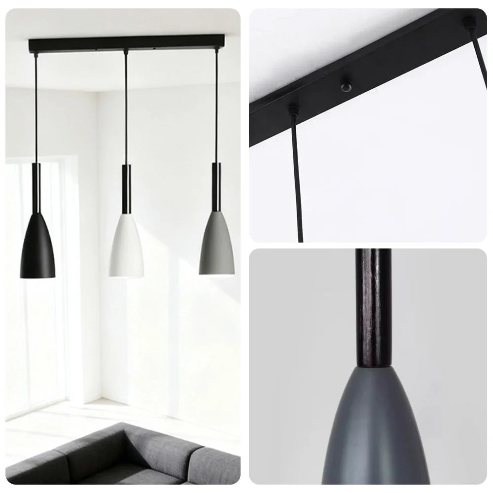 LIVARA 3-Head Grey & - Island Kitchen and Room Dining for Design Wood & Iron Modern Lamp Hanging LED Dimmable Three-Color Light Pendant Linear Black