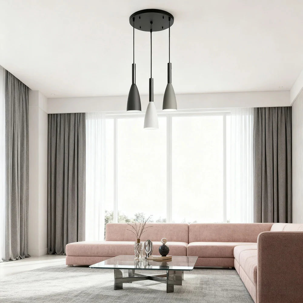 LIVARA 3-Head Grey & - Island Kitchen and Room Dining for Design Wood & Iron Modern Lamp Hanging LED Dimmable Three-Color Light Pendant Base Round Black