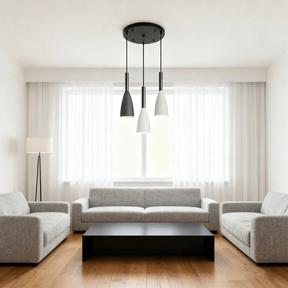 LIVARA 3-Head Grey & - Island Kitchen and Room Dining for Design Wood & Iron Modern Lamp Hanging LED Dimmable Three-Color Light Pendant Base Round Black