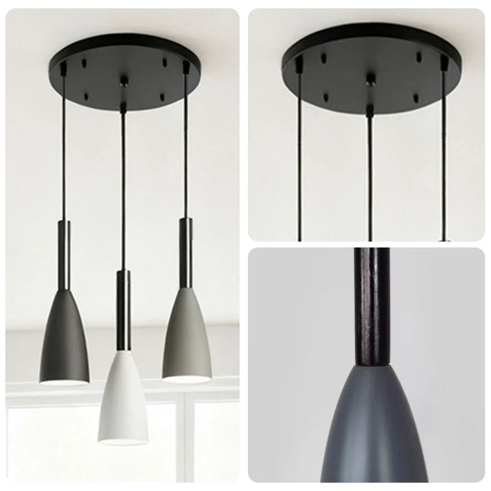 LIVARA 3-Head Grey & - Island Kitchen and Room Dining for Design Wood & Iron Modern Lamp Hanging LED Dimmable Three-Color Light Pendant Base Round Black