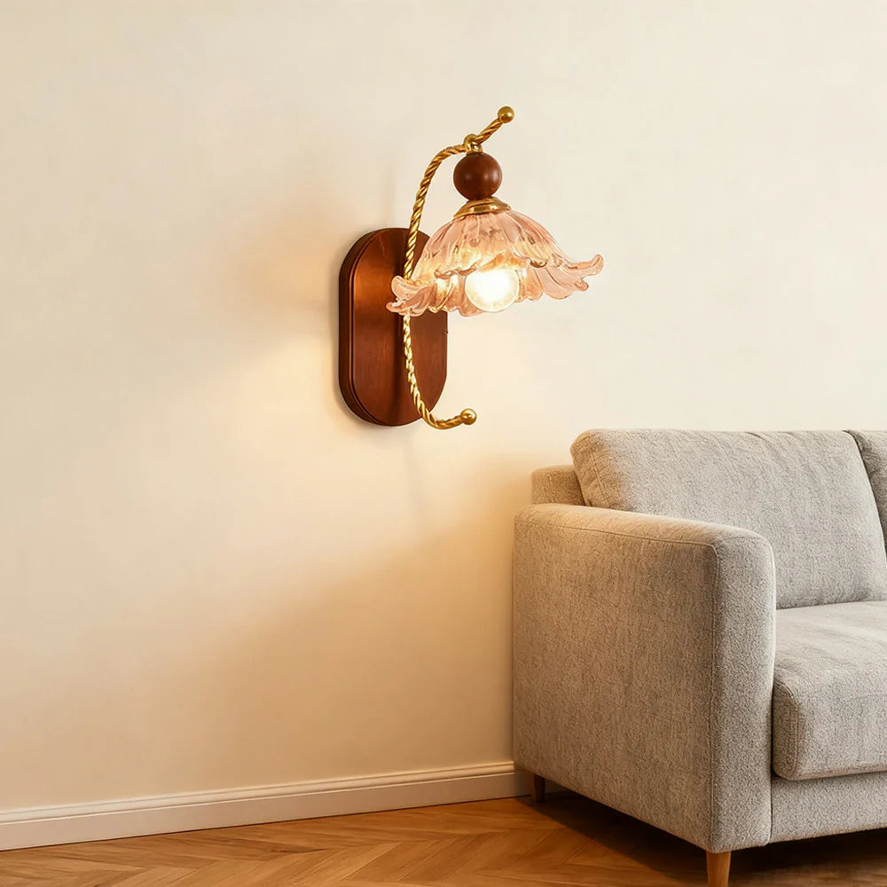 LIVARA 12W Style Vintage - Base Wood Solid with Light Eye-Protection LED Dimmable Three-Color Lamp Wall Glass Flower Amber