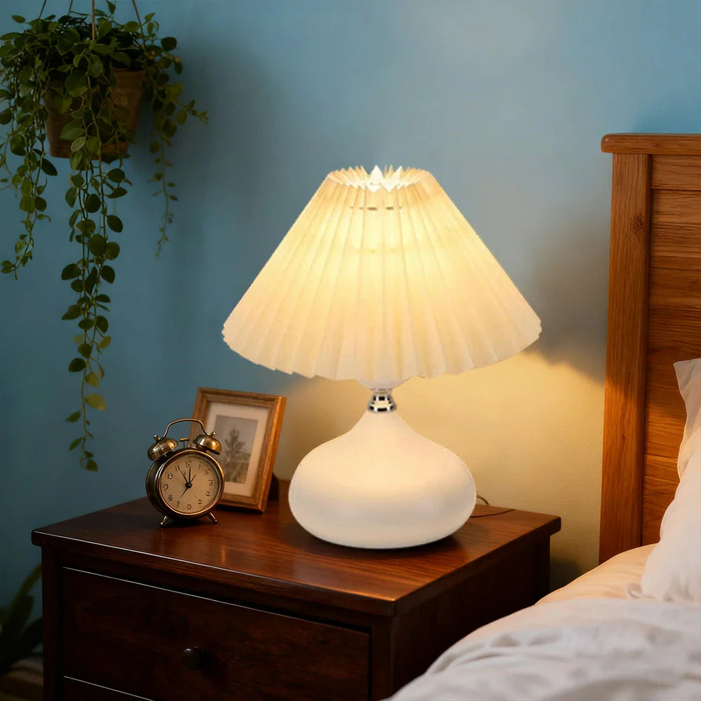 LIVARA 5W - Switch Button - Base Ceramic & Shade Fabric Pleated with Dimmable Three-Color Lamp Table White