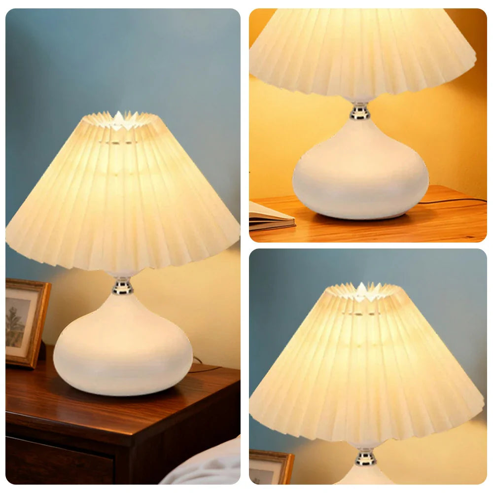 LIVARA 5W - Switch Button - Base Ceramic & Shade Fabric Pleated with Dimmable Three-Color Lamp Table White