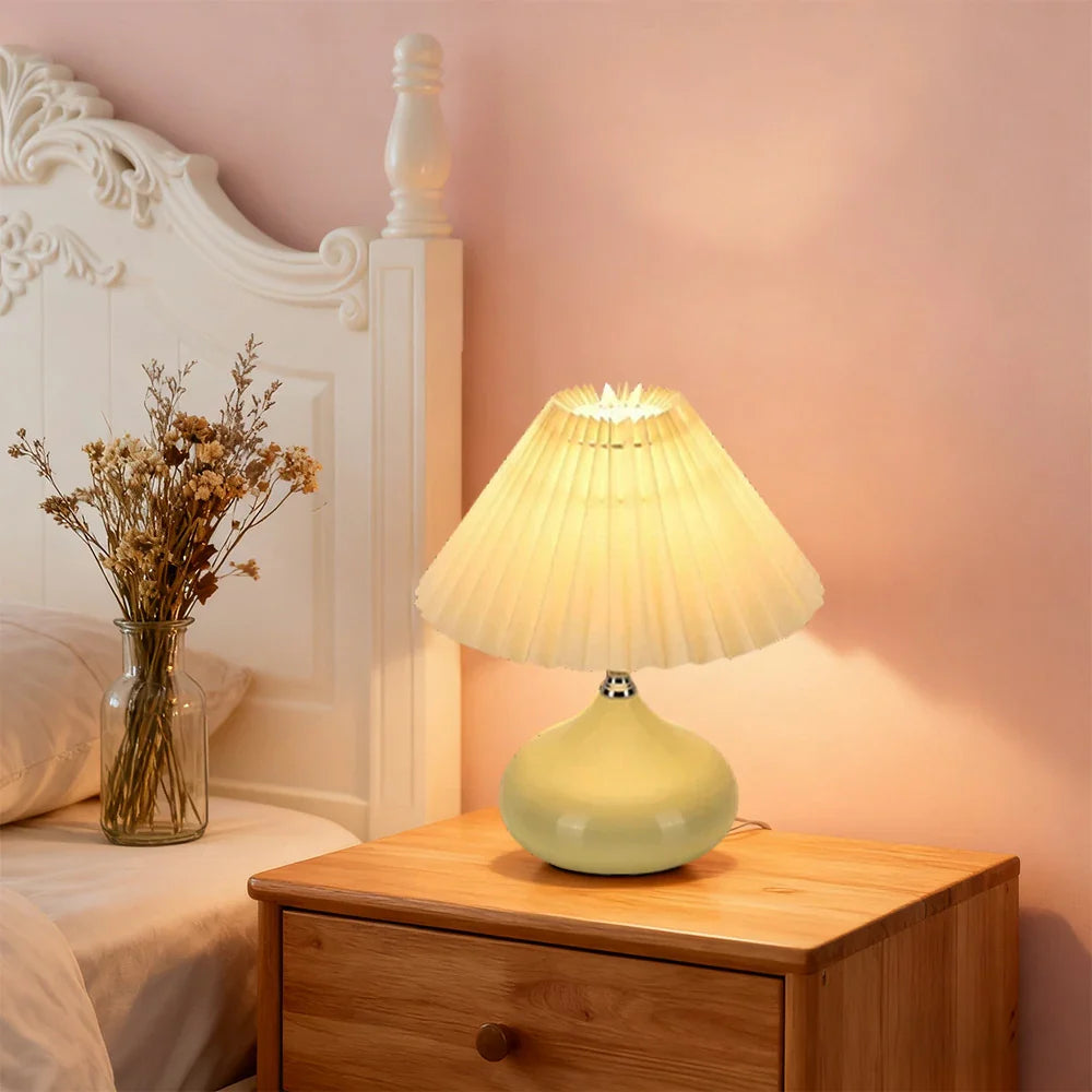 LIVARA 5W - Switch Button - Base Ceramic & Shade Fabric Pleated with Dimmable Three-Color Lamp Table Yellow