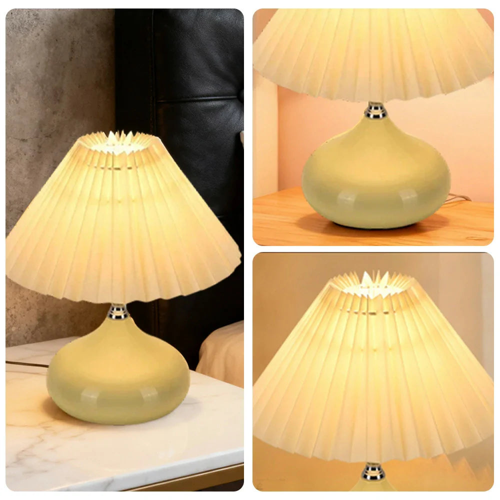 LIVARA 5W - Switch Button - Base Ceramic & Shade Fabric Pleated with Dimmable Three-Color Lamp Table Yellow