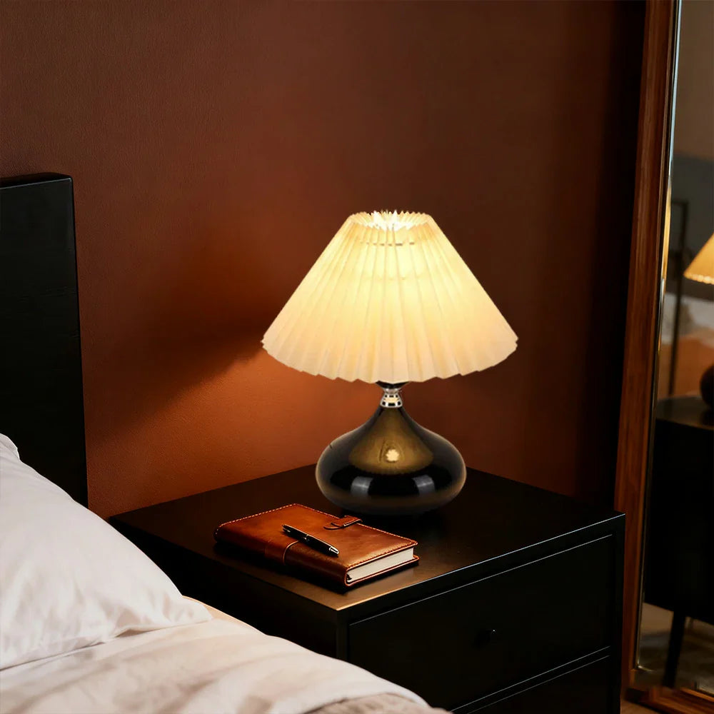 LIVARA 5W - Switch Button - Base Ceramic & Shade Fabric Pleated with Dimmable Three-Color Lamp Table Black