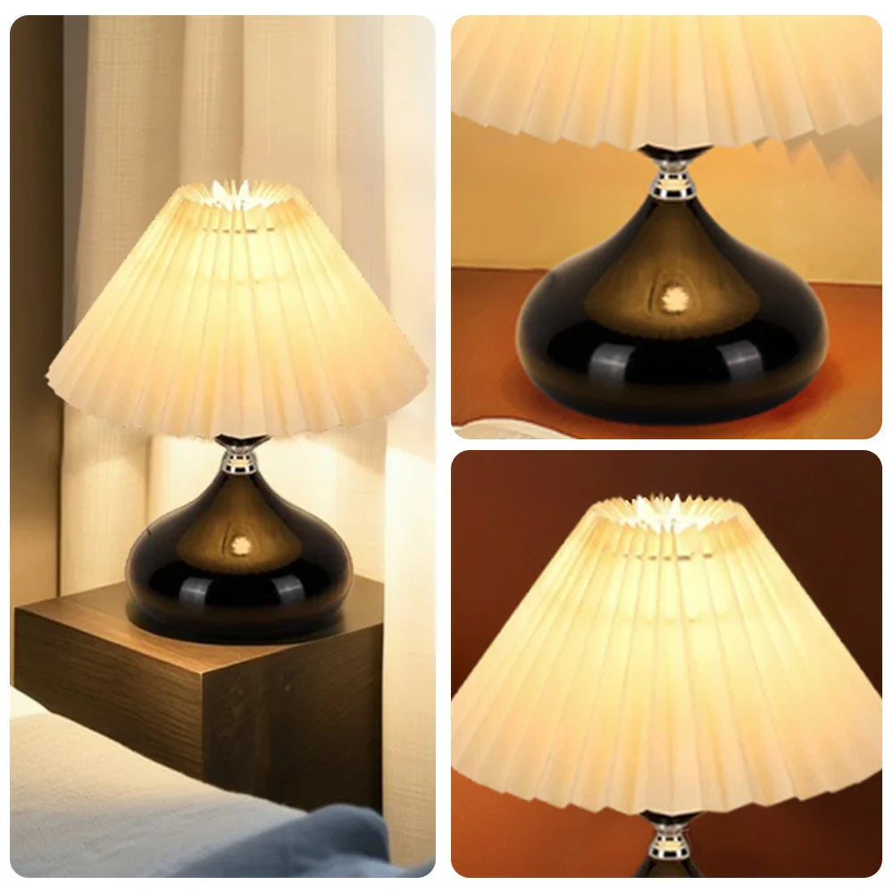 LIVARA 5W - Switch Button - Base Ceramic & Shade Fabric Pleated with Dimmable Three-Color Lamp Table Black