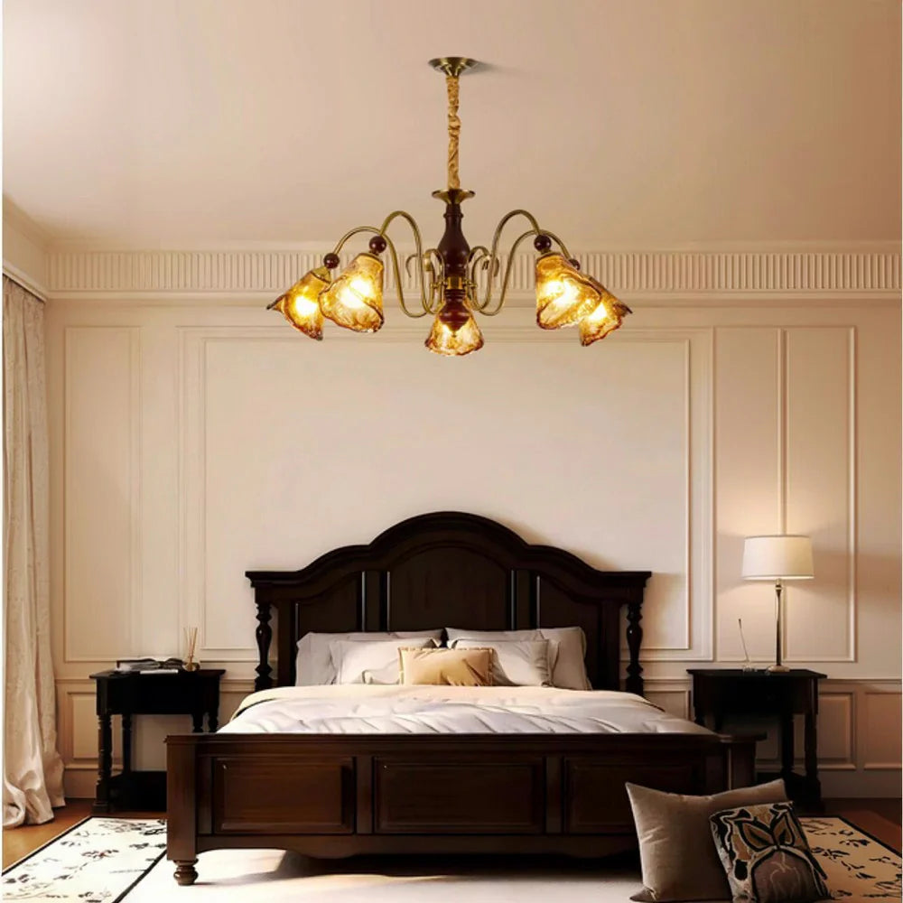 LIVARA 60W Walnut - Shades Glass Amber with Lamp Ceiling Dimmable Three-Color Light Pendant 72cm 5-Head