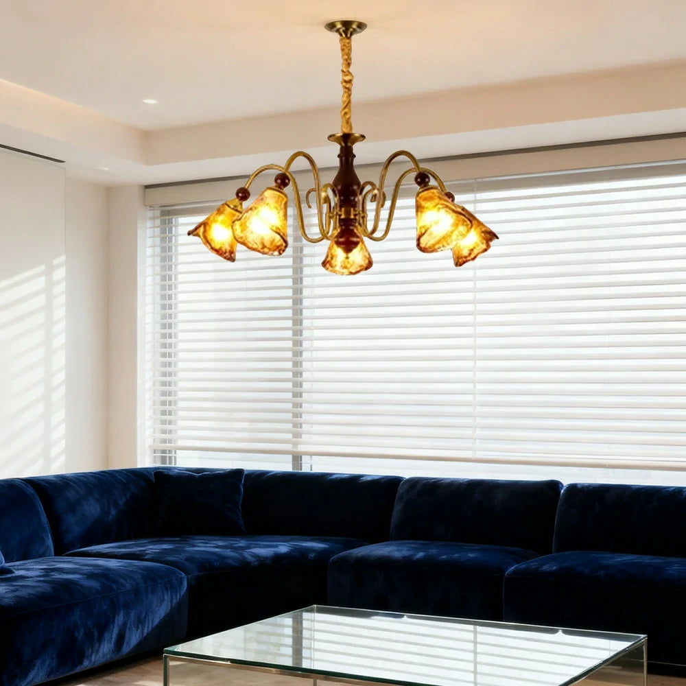 LIVARA 60W Walnut - Shades Glass Amber with Lamp Ceiling Dimmable Three-Color Light Pendant 72cm 5-Head