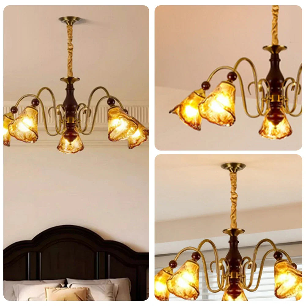 LIVARA 60W Walnut - Shades Glass Amber with Lamp Ceiling Dimmable Three-Color Light Pendant 72cm 5-Head