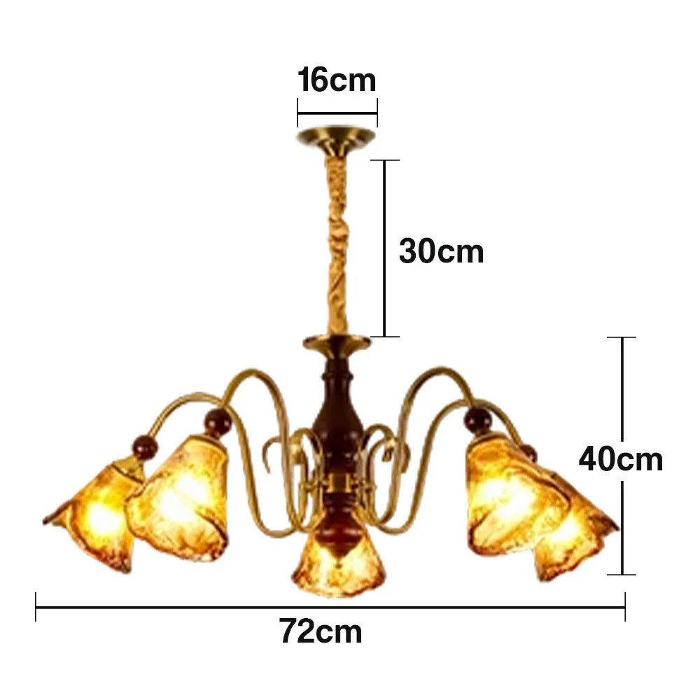 LIVARA 60W Walnut - Shades Glass Amber with Lamp Ceiling Dimmable Three-Color Light Pendant 72cm 5-Head
