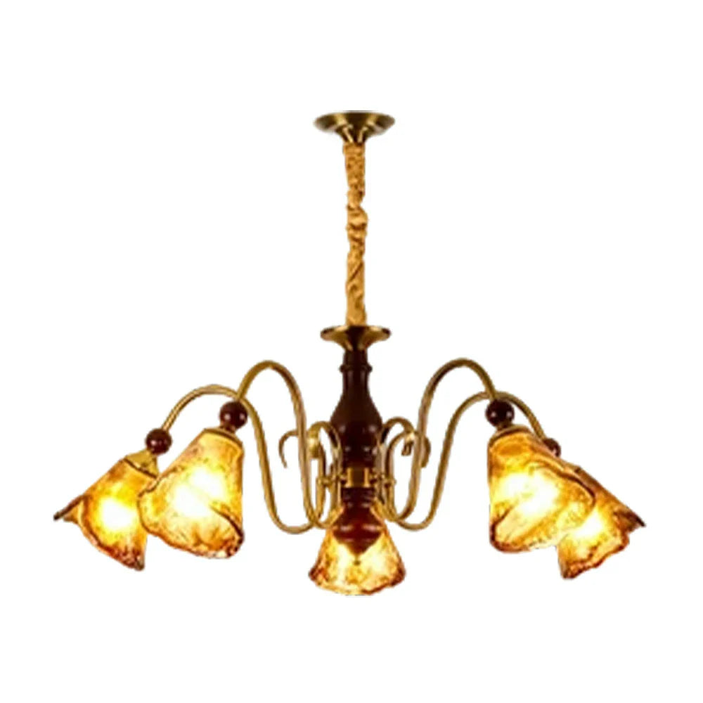 LIVARA 60W Walnut - Shades Glass Amber with Lamp Ceiling Dimmable Three-Color Light Pendant 72cm 5-Head