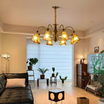 LIVARA 96W Walnut - Frame Iron Modern & Shades Glass Amber with Lamp Ceiling Dimmable Three-Color Light Pendant 90cm 8-Head