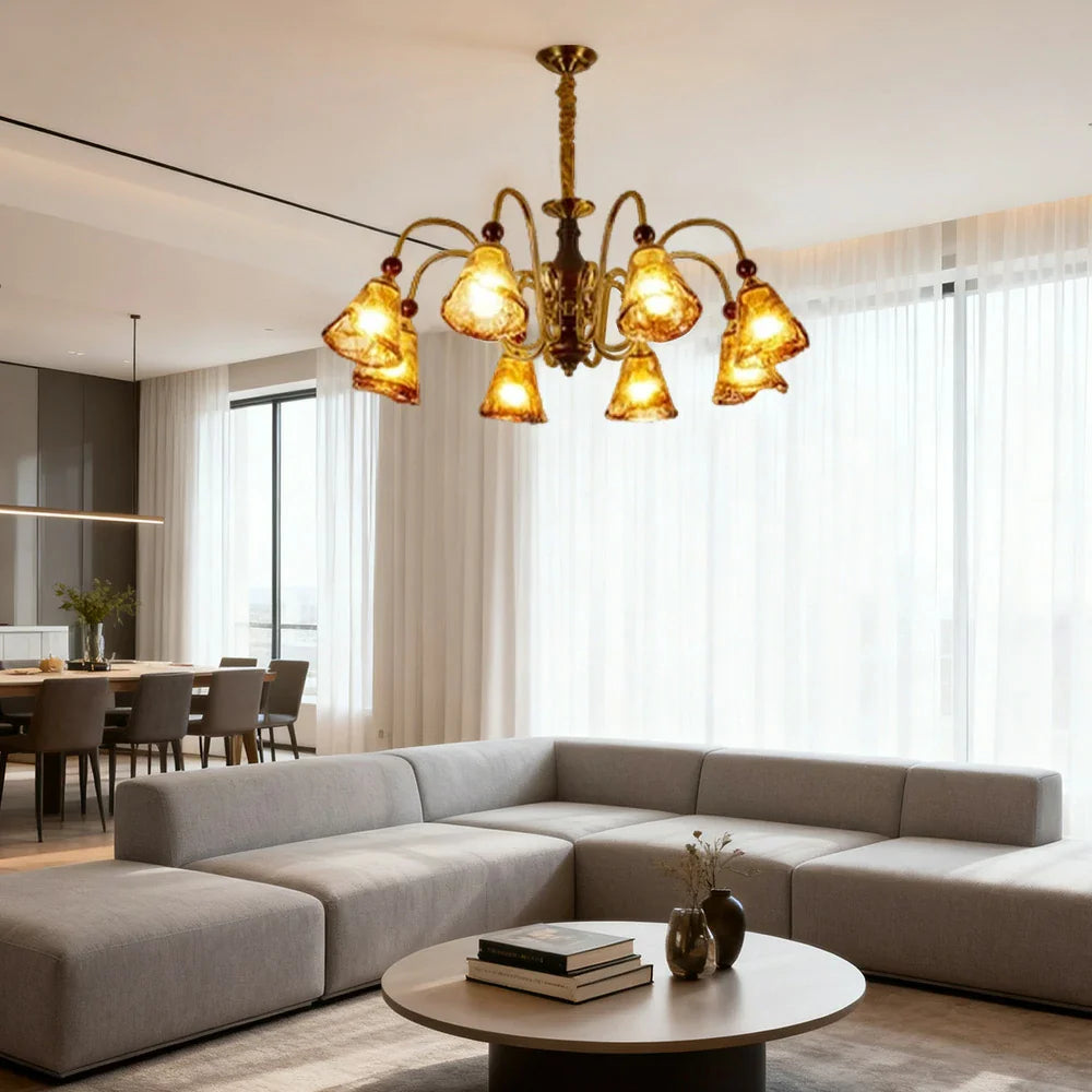 LIVARA 96W Walnut - Frame Iron Modern & Shades Glass Amber with Lamp Ceiling Dimmable Three-Color Light Pendant 90cm 8-Head