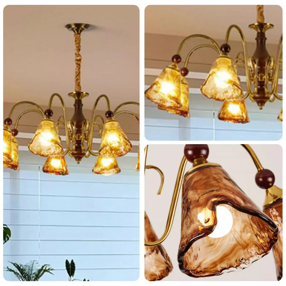 LIVARA 96W Walnut - Frame Iron Modern & Shades Glass Amber with Lamp Ceiling Dimmable Three-Color Light Pendant 90cm 8-Head