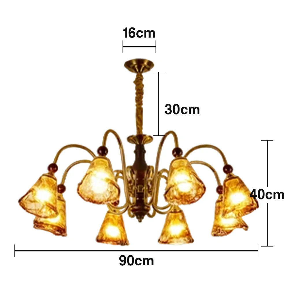 LIVARA 96W Walnut - Frame Iron Modern & Shades Glass Amber with Lamp Ceiling Dimmable Three-Color Light Pendant 90cm 8-Head