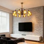 LIVARA 120W Walnut - Frame Iron Modern & Shades Glass Amber with Lamp Ceiling Dimmable Three-Color Light Pendant 90cm 10-Head