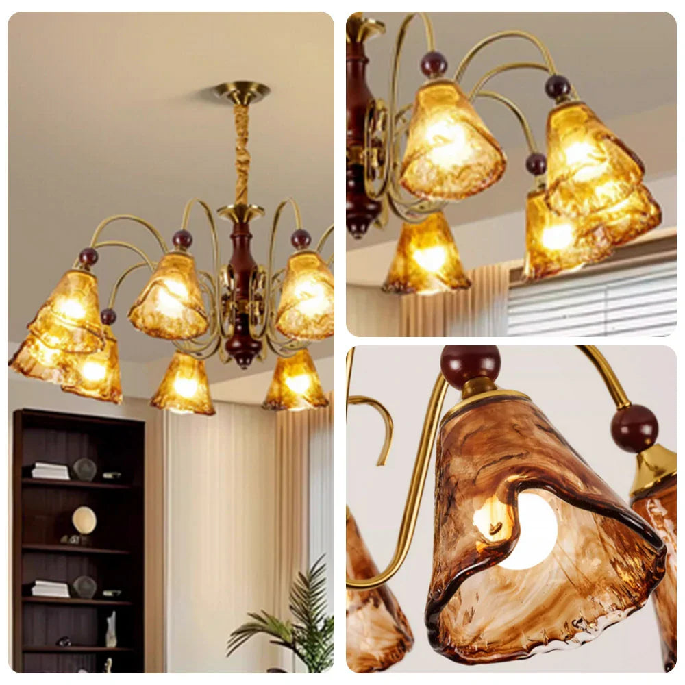 LIVARA 120W Walnut - Frame Iron Modern & Shades Glass Amber with Lamp Ceiling Dimmable Three-Color Light Pendant 90cm 10-Head