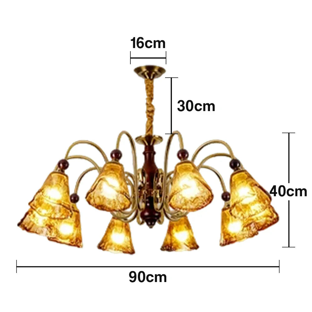 LIVARA 120W Walnut - Frame Iron Modern & Shades Glass Amber with Lamp Ceiling Dimmable Three-Color Light Pendant 90cm 10-Head