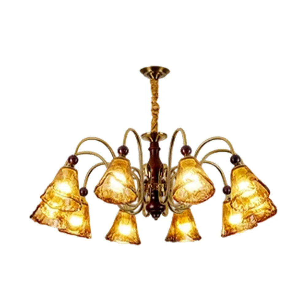 LIVARA 120W Walnut - Frame Iron Modern & Shades Glass Amber with Lamp Ceiling Dimmable Three-Color Light Pendant 90cm 10-Head